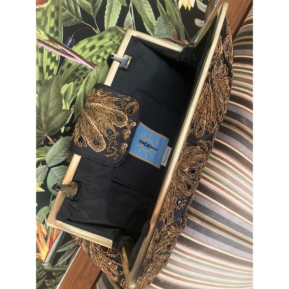 Santi Beaded Clutch Evening Bag Satin + Ornate Gold & Black Beading ~ Lovely - Picture 3 of 9